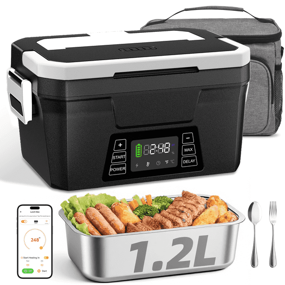 Cordless Electric Lunch Box with APP Control by Wisakey - 1.2L, Heated Lunch Box, Battery Powered & Auto-Scheduled Heating for Office, Car & Outdoor