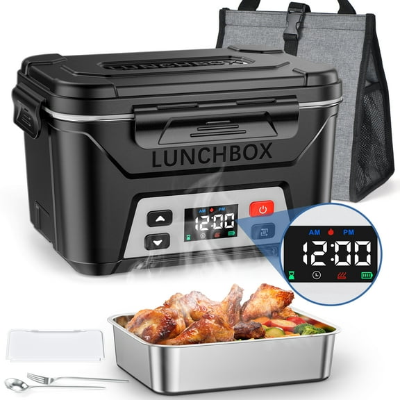 Portable Electric Lunch Box for Adults- Automatic Scheduled Heating Meal Container, Cordless Battery Powered Heated Lunch Box, 5.5 Cups Capacity, with Removable Tray Divider, Dishwasher Safe,Black