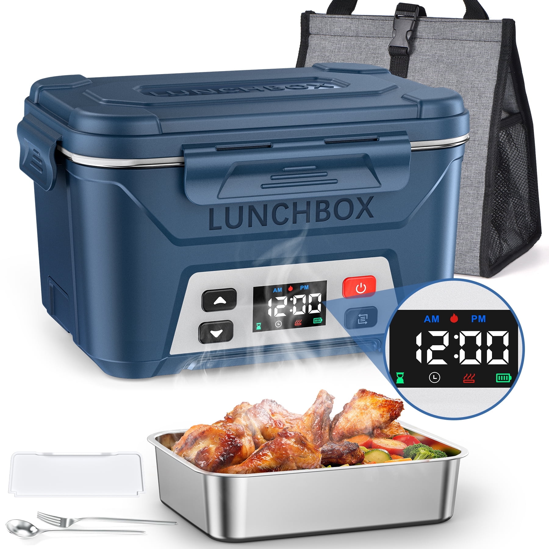 Portable Electric Lunch Box for Adults- Automatic Scheduled Heating Meal Container, Cordless Battery Powered Heated Lunch Box, 5.5 Cups Capacity, with Removable Tray Divider, Dishwasher Safe，Blue