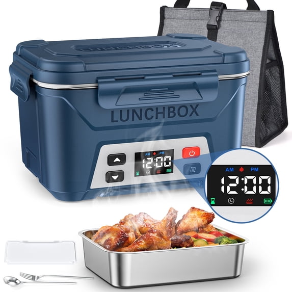 Portable Electric Lunch Box for Adults- Automatic Scheduled Heating Meal Container, Cordless Battery Powered Heated Lunch Box, 5.5 Cups Capacity, with Removable Tray Divider, Dishwasher Safe,Blue
