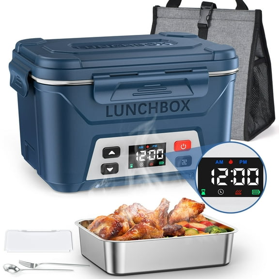 Portable Electric Lunch Box for Adults- Automatic Scheduled Heating Meal Container, Cordless Battery Powered Heated Lunch Box, 5.5 Cups Capacity, with Removable Tray Divider, Dishwasher Safe，Blue