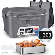 Portable Electric Lunch Box for Adults- Automatic Scheduled Heating Meal Container, Cordless Battery Powered Heated Lunch Box, 5.5 Cups Capacity, with Removable Tray Divider, Dishwasher Safe Gray