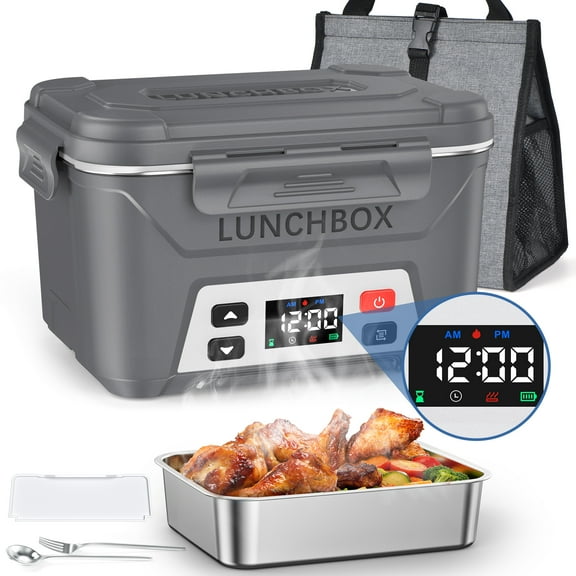 Portable Electric Lunch Box for Adults- Automatic Scheduled Heating Meal Container, Cordless Battery Powered Heated Lunch Box, 5.5 Cups Capacity, with Removable Tray Divider, Dishwasher Safe，Gray