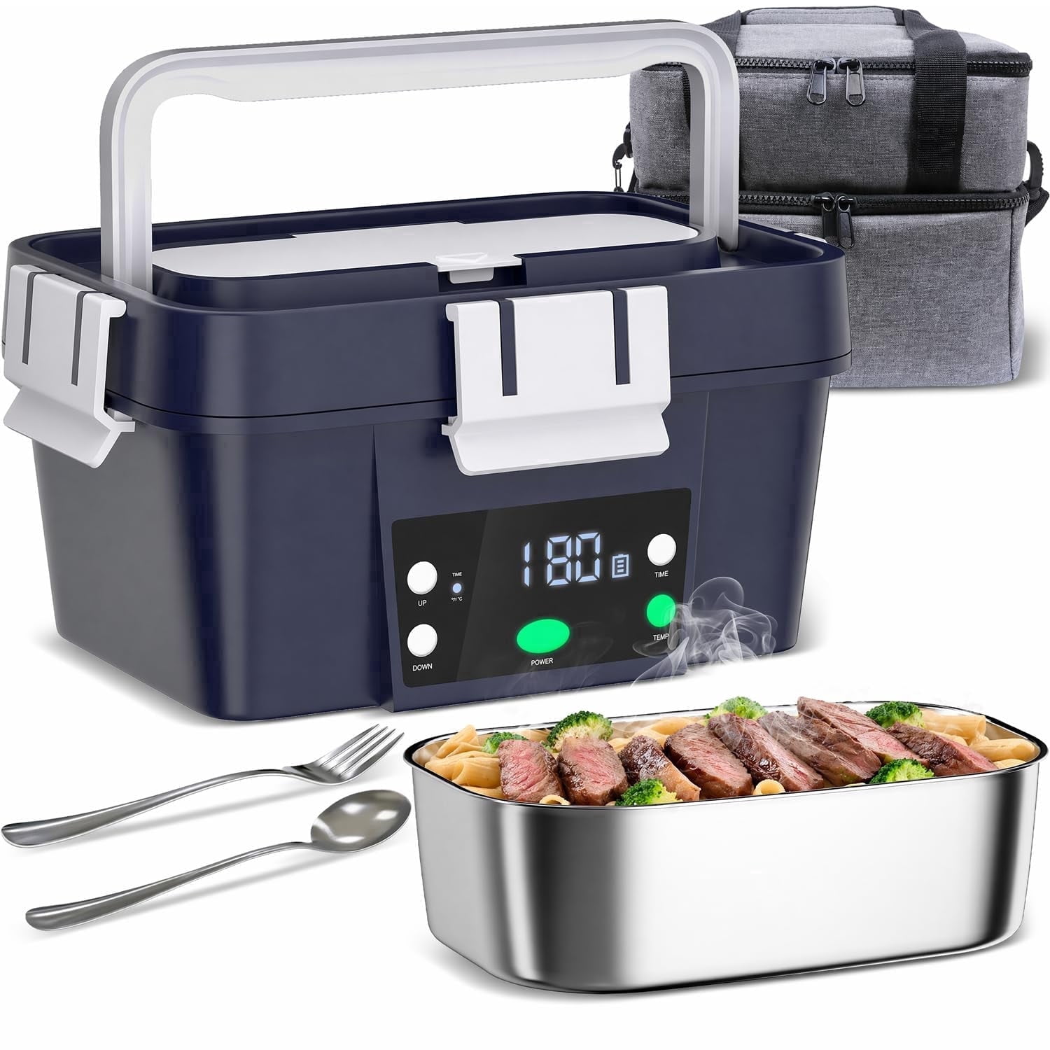 Cordless Electric Lunch Box, Smart Timer Auto Heating Leakproof Bento Food Warmer with 6.7 Cup, 10000mAh Rechargeable Meal Container for Work, Car, Home, Outdoor (Dark Blue)