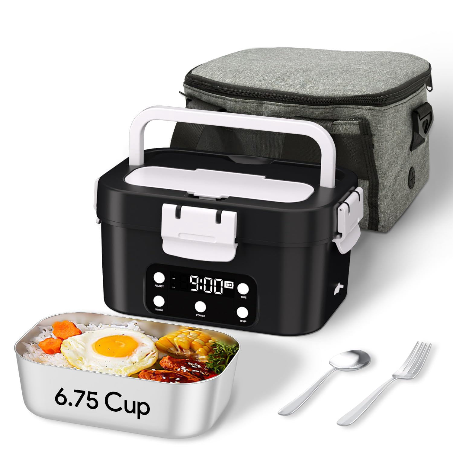 Cordless Electric Lunch Box, Smart Timer Auto Heating Leakproof Bento Food Warmer with 6.7 Cup for Work, Car, Home, Outdoor (Black)