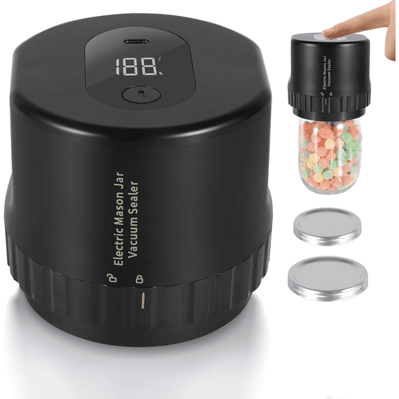 Cordless Electric Mason Jar Vacuum Sealer - USB Rechargeable, LED Display, Works with Regular & Wide Mouth Jars, Includes 10 Lids, Ideal for Food Preservation, Fermentation, Meal Prep