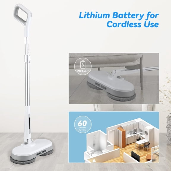 Cordless Electric Mop, Dual Motor Powerful Spin Mop 2600 mAh, Floor Polisher,1H Rechargeable Power Mops with LED Light/Water Sprayer, Electric Mops for Floor Cleaning for Hardwood, Tile, Rotate 180 °