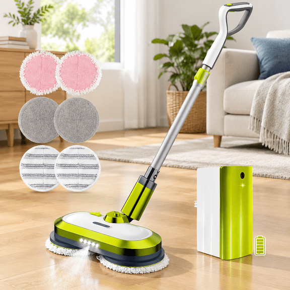 Cordless Electric Mop with Water Spray, Detachable Design, Green