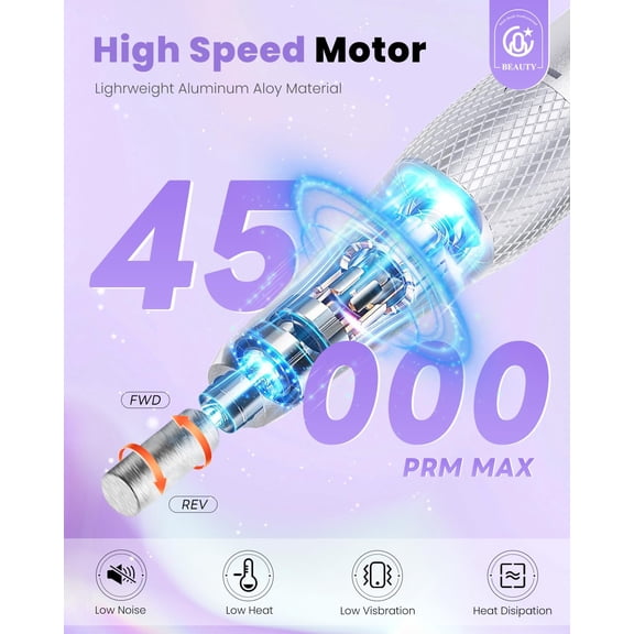 Cordless Electric Nail Drill, 45000 RPM Rechargeable Diamond E-File, Portable & Low Noise for Acrylic/Gel Nails, Manicure & Pedicure - Professional & Home Use