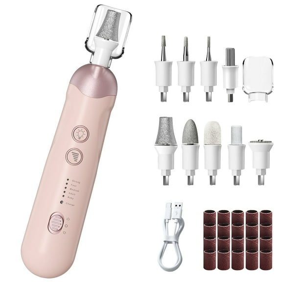 CshidWorld Cordless Electric Nail Drill Kit, Professional Manicure Pedicure Tool with LED Light, 9 Drill Bits, 5 Speeds Portable Nail File for Hand Foot Care, Thick Nails Cuticles（Pink）