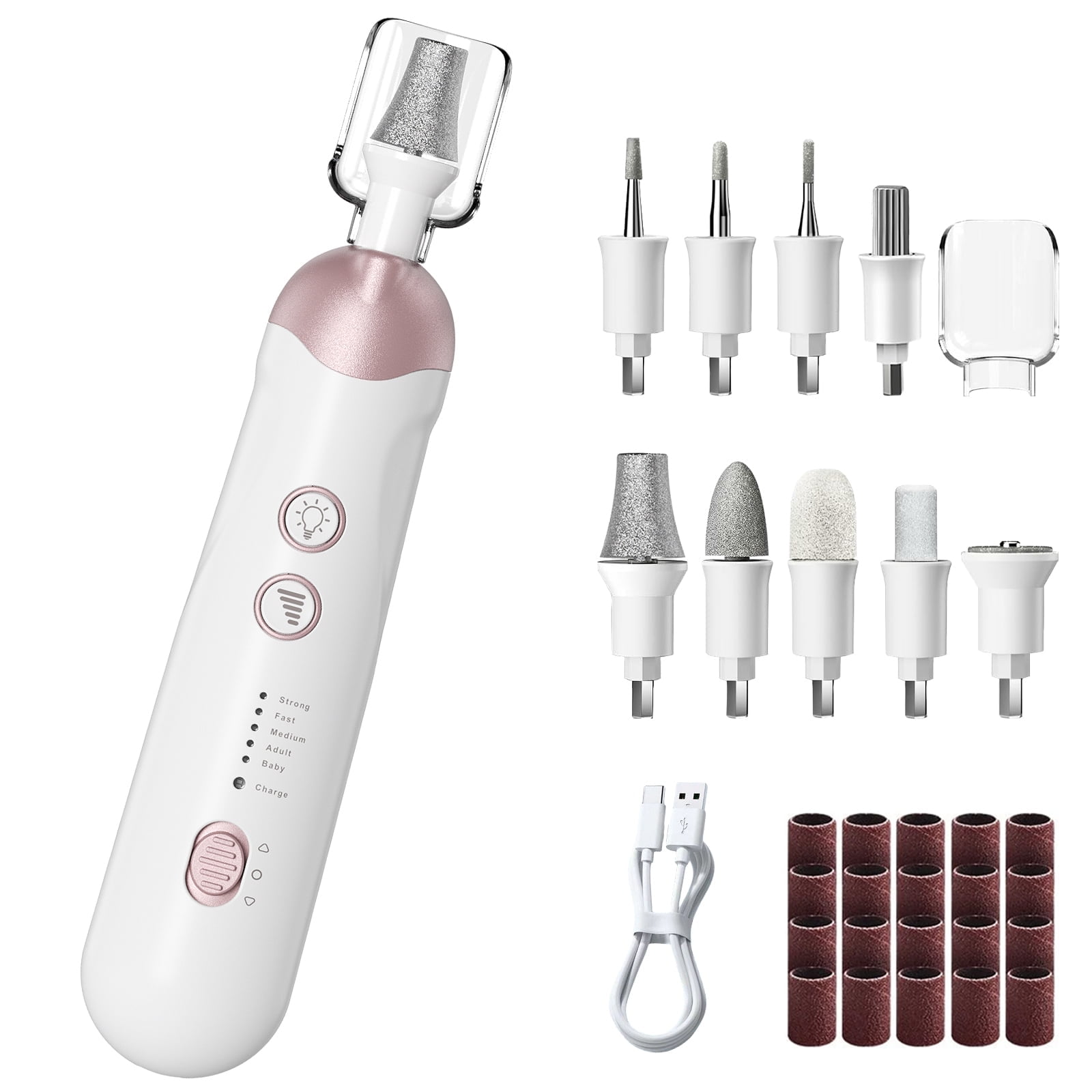 CshidWorld Cordless Electric Nail Drill Kit, Professional Manicure Pedicure Tool with LED Light, 9 Drill Bits, 5 Speeds Portable Nail File for Hand Foot Care, Thick Nails Cuticles（White）