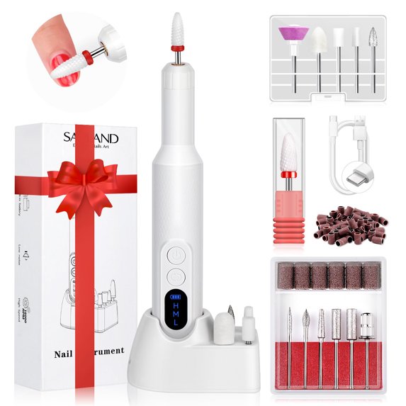 Cordless Electric Nail Drill Kit with Storage Base (Holds 8 Replaceable Drill Bits) - 3 - Speed LED Display, Rechargeable & Multipurpose for Easy Manicure/Pedicure