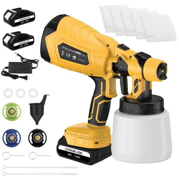 Cordless Electric Paint Sprayer Battery Powered with 2PCS 3.0Ah Battery and Charger for House Painting, 3 Nozzles for Furniture, Cabinets, Wall, Fence,Yellow