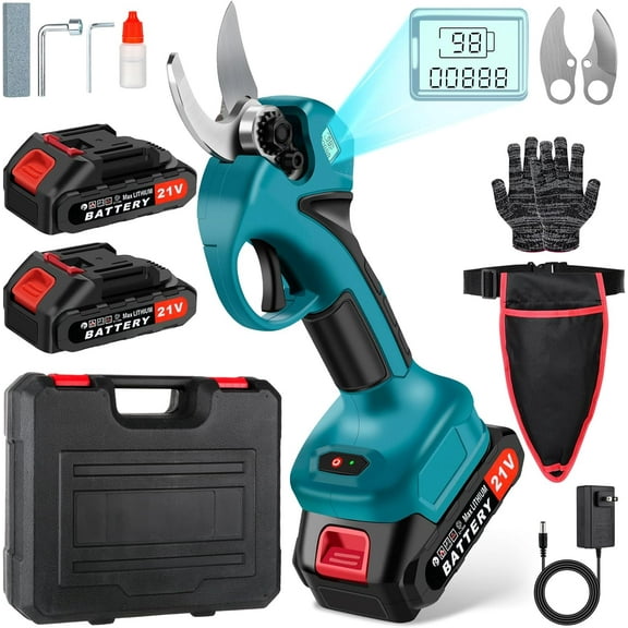 Cordless Electric Pruning Shears,Branch Cutter with LCD Display, Trimming Scissors Battery Power,1.6 Inch Cutting Diameter, SK5 Blade Tree Trimmer, 2 Rechargeable 2000mAh Lithium Batteries set