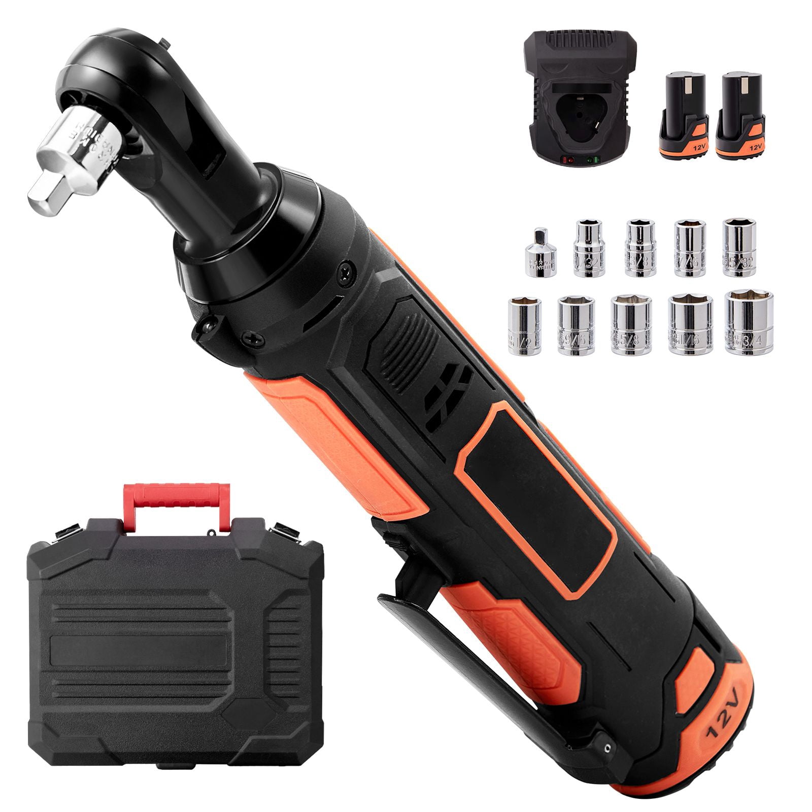Cordless Electric Ratchet Wrench, 3/8 Inch, 33 ft-lbs Torque, 12V Motor, 2 x 2.0Ah Batteries, Fast Charging, 9 Sockets, LED Light, for Automotive & Mechanical Repairs