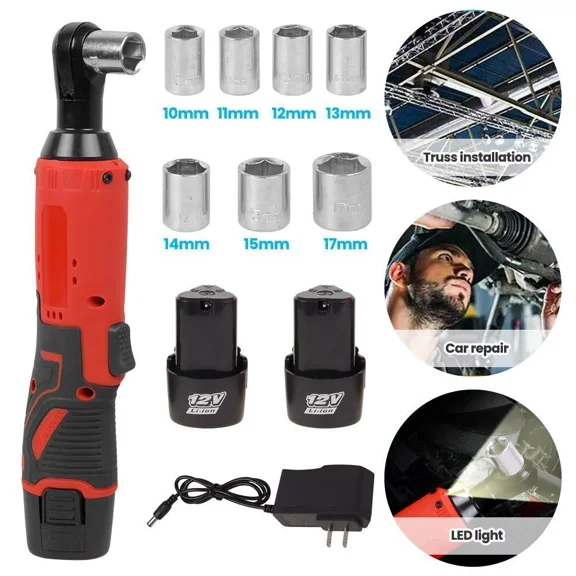 Cordless Electric Ratchet Wrench Set, 12V Power Ratchet Kit 3/8" with 2 Packs Batteries, Included 7 Sockets and Charger, Variable Speed & LED Light