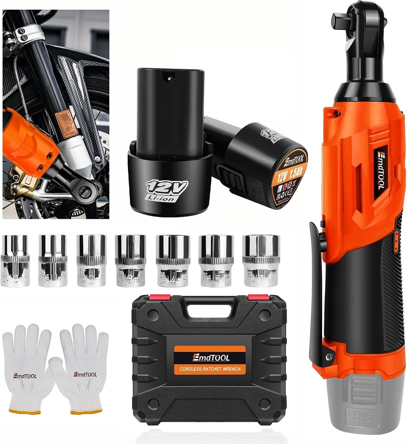 Cordless Electric Ratchet Wrench Set, 3/8" 12V Power Ratchet Driver w/Safe Lock Switch & LED Light, 7 Sockets, 2-Pack Lithium-Ion Batteries