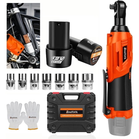 Cordless Electric Ratchet Wrench Set, 3/8" 12V Power Ratchet Driver w/Safe Lock Switch & LED Light, 7 Sockets, 2-Pack Lithium-Ion Batteries
