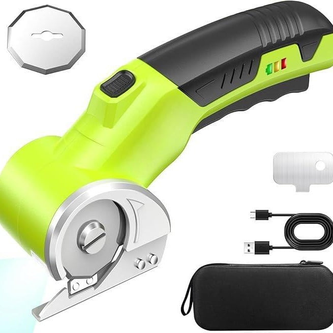 Cordless Electric Scissors: 4V Rechargeable Rotary Cardboard Cutter, 3000mAh Battery, with LED Light, 2 Blades, Box Cutter for Fabric Carpet Carton Plastic Leather Cloth (Green)