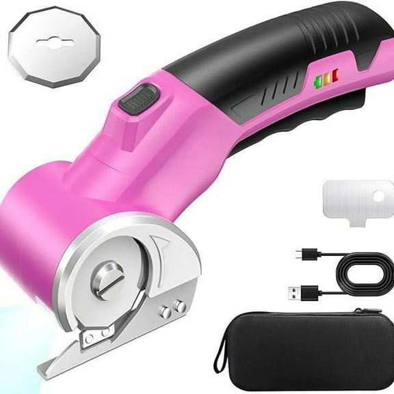 Cordless Electric Scissors: 4V Rechargeable Rotary Cardboard Cutter, 3000mAh Battery, with LED Light, 2 Blades, Box Cutter for Fabric Carpet Carton Plastic Leather Cloth (Pink)