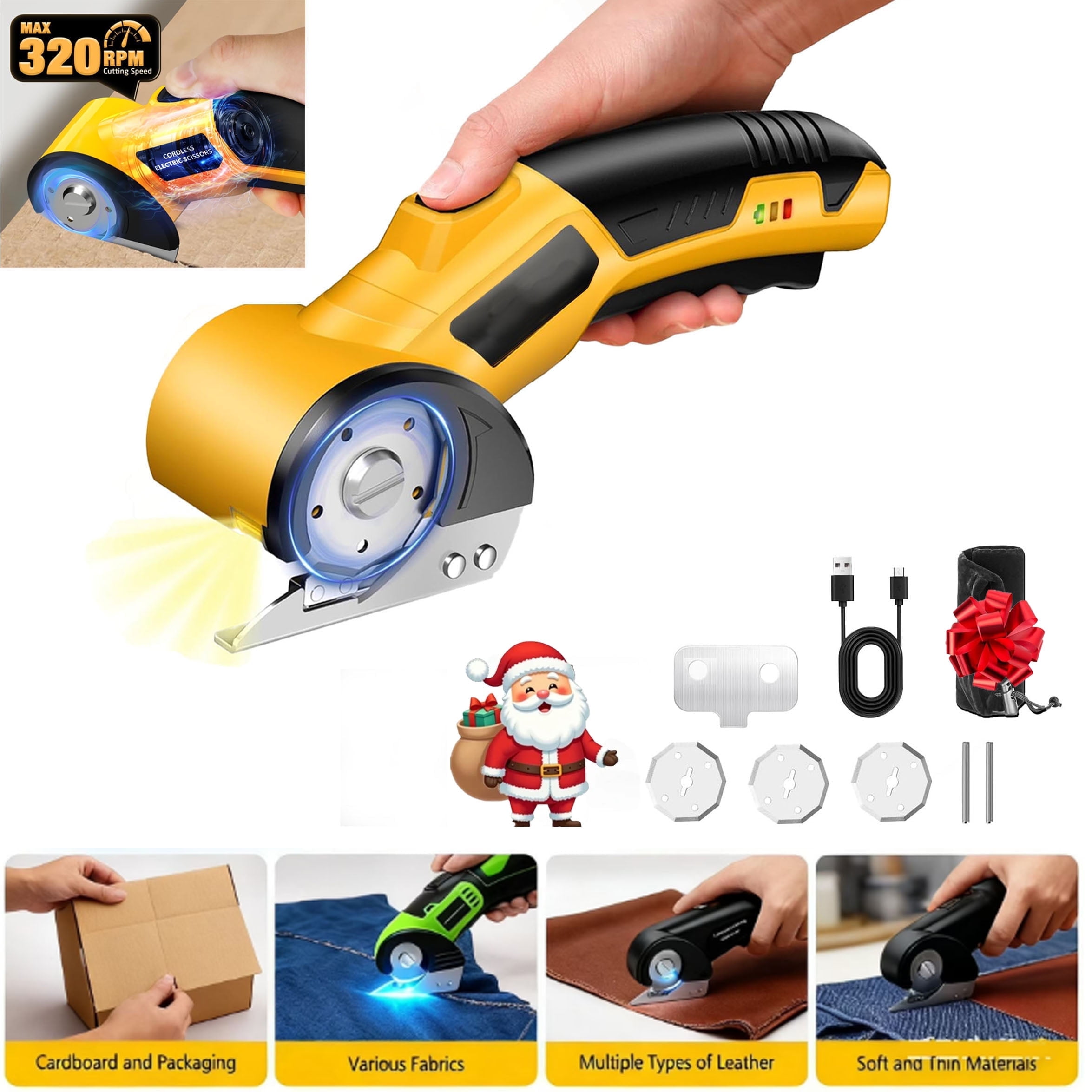 TANGKA Cordless Electric Scissors,4V 60-Minute Runtime with Dual Safety Locks,Auto-Stop Blade,Box Cutter for Carton, Carpet, Plastic, Fabric, Leather (Yellow)