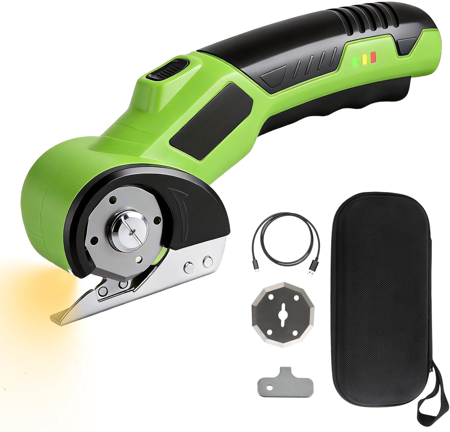 Cordless Electric Scissors, 4V Rechargeable Rotary Cardboard Cutter, with Safety Lock & LED Light, 2 Blades, Electric Box Cutter for Cardboard Fabric Leather Carpet