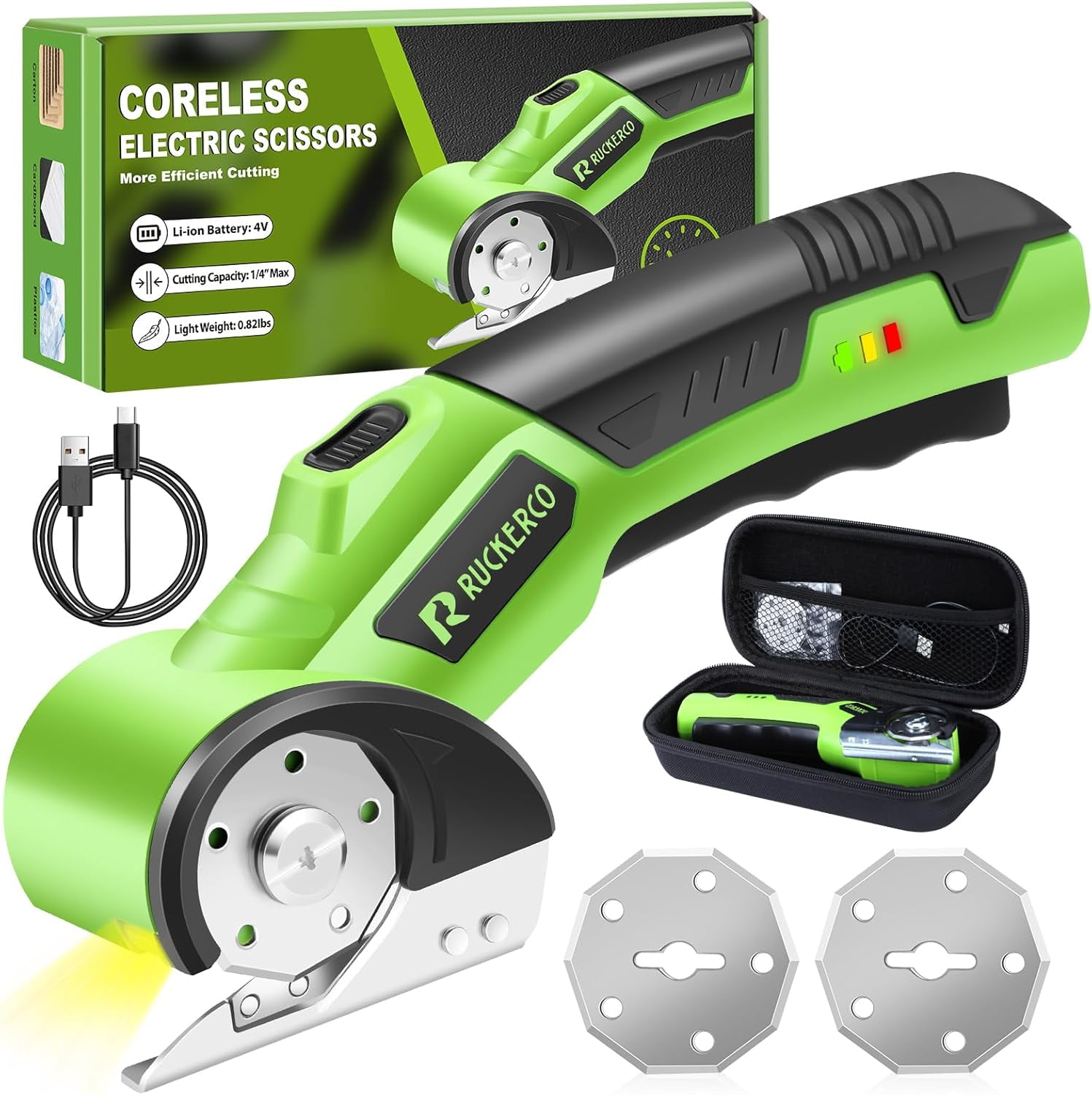 Cordless Electric Scissors Box Cutter 2 Rotary Blades – 4V Duty Rechargeable Cardboard Cutter, Storage & Fabric Scissor With Safety Lock, USB Cable For Plastic, Carpet, Leather, DIY Crafts