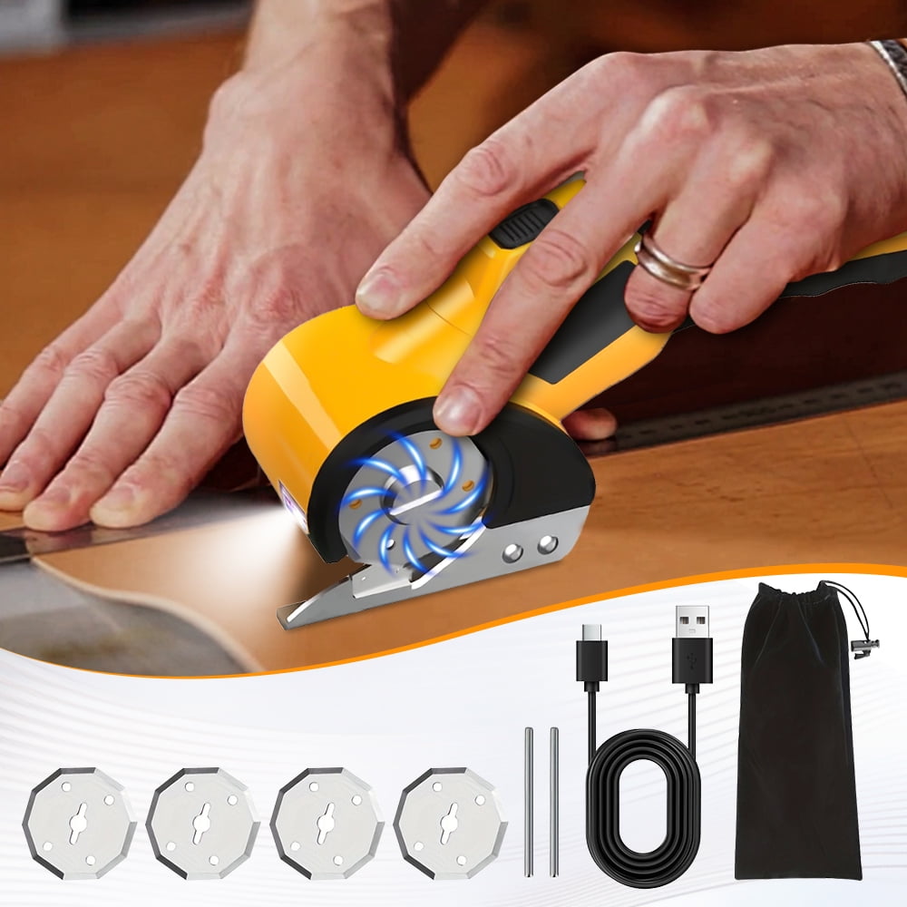 Cordless Electric Scissors,Cardboard Cutter, Rechargeable Cardboard Cutter, 4 Blades, Safety Lock & LED Light, Box Cutter for Carton Carpet Plastic Fabric Leather(Yellow）