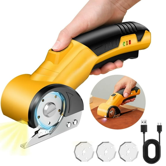 Cordless Electric Scissors, Lightweight, Rechargeable Rotary Cutter with Safety Lock, LED Light, Replacement Blade,Heavy Duty Scissor for Box Carpet Plastic Fabric(Yellow