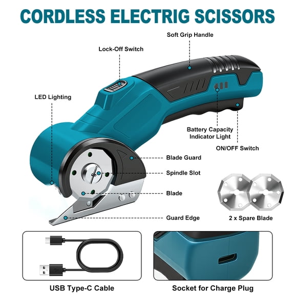 Cordless Electric Scissors, Rechargeable Powerful Rotary Cardboard Cutter, Heavy Duty Professional Fabric Scissors for Crafts, Sewing, Cardboard, Leather, Carpet & Scrapbooking