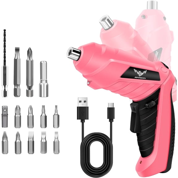 Cordless Electric Screwdriver Set 3.6V Rechargeable Small Power Drill, 3Nm Screw Gun with 2 Position Handle, LED Light, 14 in 1 Driver Bit Set, Pink & Black