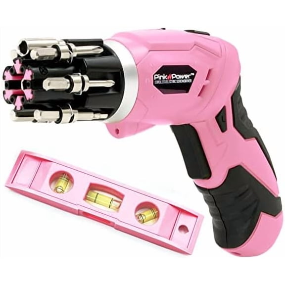 Cordless Electric Screwdriver Set - 4V Rechargeable Pink Cordless Screwdriver Set for Women with Bubble Level and LED Light - Small Screwdriver Set with Pivotal Handle and Fold-Out Bits