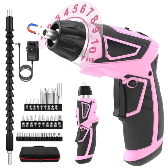 Cordless Electric Screwdriver Set  8v 10nm Rechargeable Power Drill Battery Screw Gun With Driver Bit 320rpm/10+1 Torque 2 Position Handle Flexible Shaft Led Light (pink 39pcs)