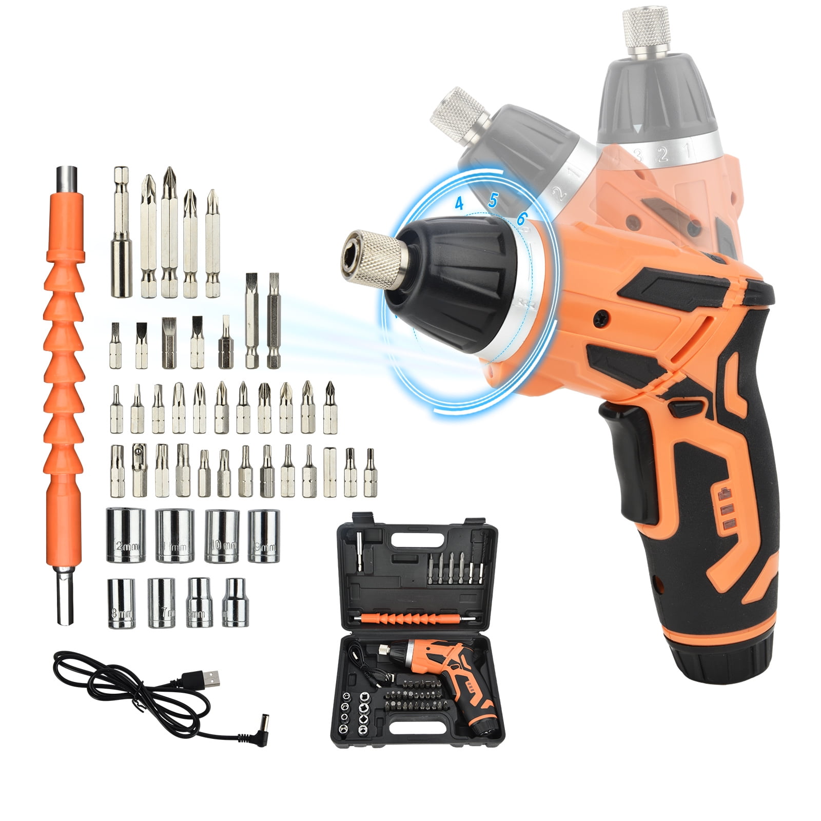 Cordless Electric Screwdriver Set with Rechargeable Battery & Pivoting Handle,6 +1 Torque Small