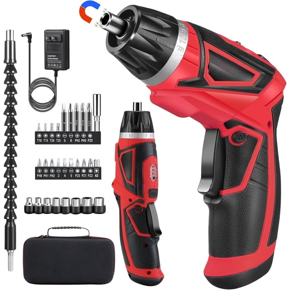 Cordless Electric Set, 8V 10Nm Rechargeable Power Electric Drill, Screw with Driver Bit, 320RPM/10+1 Torque, 2 Position Handle, Flexible Shaft LED Light (Red, 28 count)