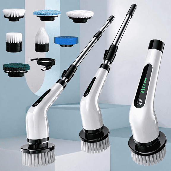 Cordless Electric Spin Cleaning Brush With Battery Level Display, 7 Replaceable Brushes & 2-Speed Adjustment, Detachable Telescopic Handle - Suitable For Kitchen, Living Room & Bathroom