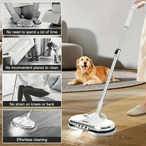 Cordless Electric Spin Mop - Floor Cleaner with LED Headlight, Water Spray & Tank, Quiet Cleaning/Waxing for Hardwood & Tile Floors