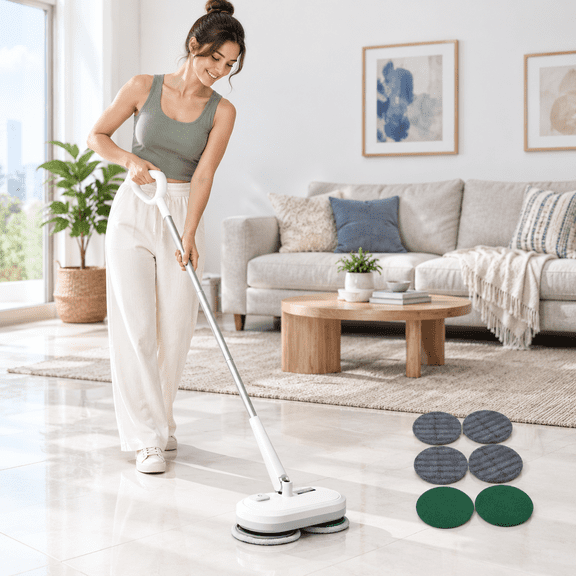 Cordless Electric Spin Mop, Lightweight for Hardwood, Tile, Laminate, Vinyl Floors, 6 Washable Pads