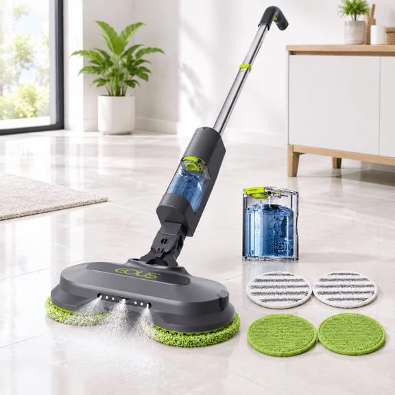 Cordless Electric Spin Mop with Detachable Water Tank, Gray, Lightweight for Multi-Surface Cleaning