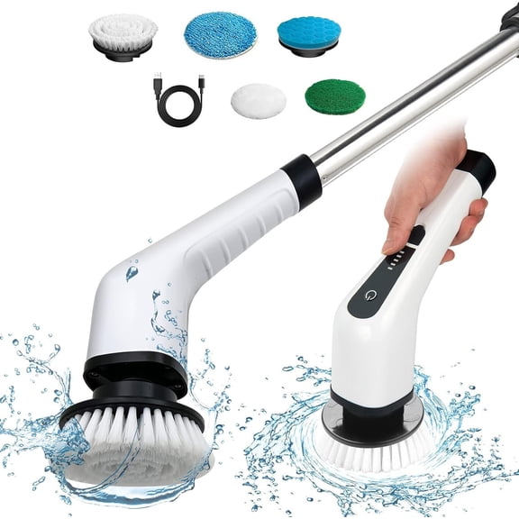 Cordless Electric Spin Scrubber Cleaning Brush with 6 Brush Heads, Extendable Handle, Dual-Speed Rechargeable Power Scrubber for Bathroom, Kitchen, Floors, Tile & Car Cleaning, White