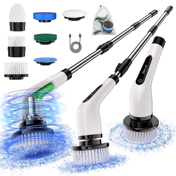 Cordless Electric Spin Scrubber - Full Body Waterproof, Battery Level Display, 7 Replaceable Heads, Dual Speed & Detachable Telescopic Handle, Ideal for Kitchen/Bathroom/Living Room