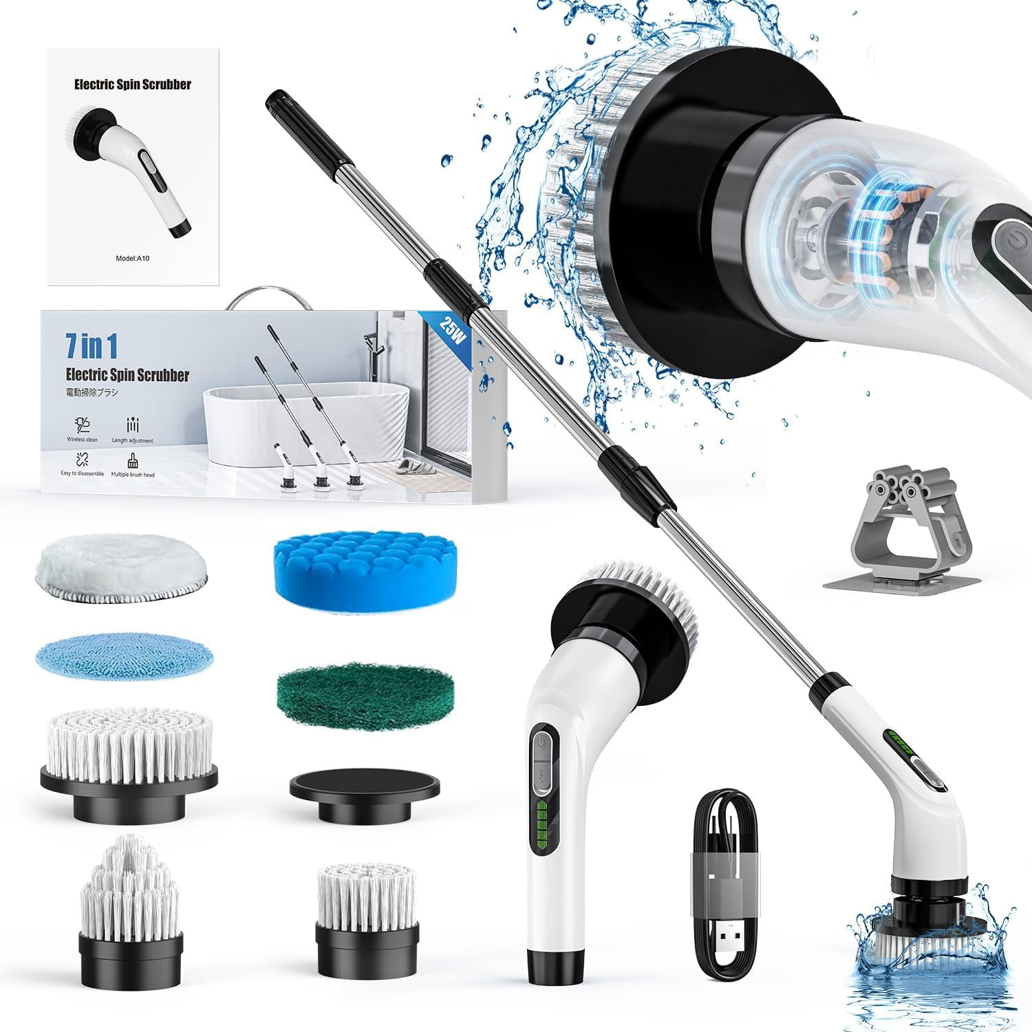 Cordless Electric Spin Scrubber with Adjustable Extension Arm and 7 Brush Heads