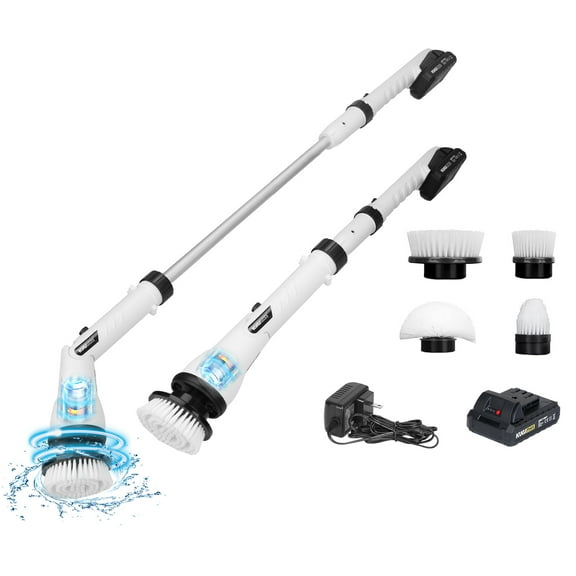 Cordless Electric Spin Scrubber TeqHome Extension Cleaning Brush with 4 Replaceable Brush Heads 600/1000RPM Speeds 26/50in Adjustable Handle for Bathroom Floor Tile