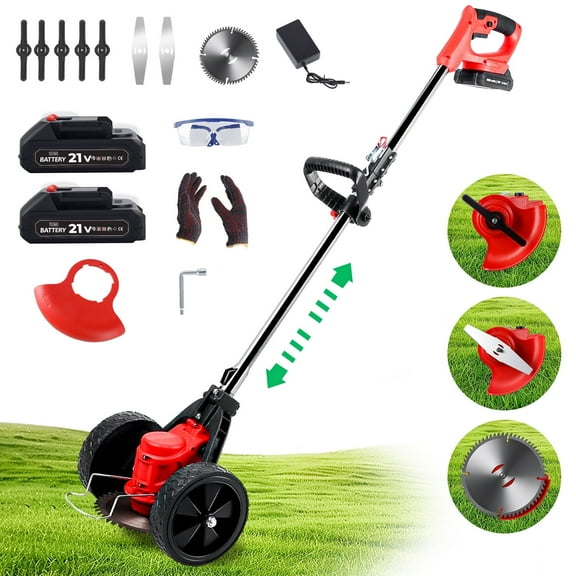 FOUKUS Cordless Weed Wacker Battery Powered - 800W Electric Grass Trimmer Edger Mower with Wheels - Lightweight Brush Cutter Tool for Lawn Care, Women & Elderly