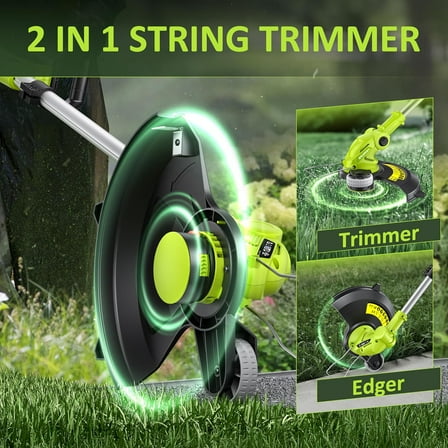 Cordless Electric String Trimmer with 2x2.0Ah Battery, 12-Inch Lawn Mower & Edger Tool