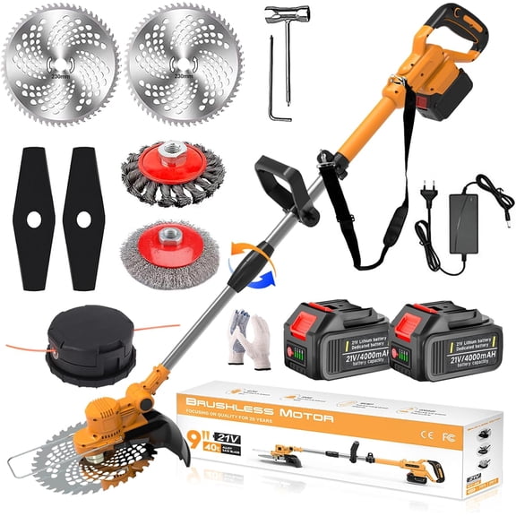 Cordless Electric String Trimmers, Lawn trimmer with 2X21V battery, lawn trimmer with weed brush, cordless brush cutter, 750W brushless motor