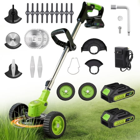 Cordless Electric Weed Wacker with Wheels, 3-In-1 Grass Trimmer & Brush Cutter & Lawn Edger, 3 Types Blade, 2X2000mAh Batteries, Lightweight String Trimmer for Garden and Yard Lawn, Gifts for Seniors