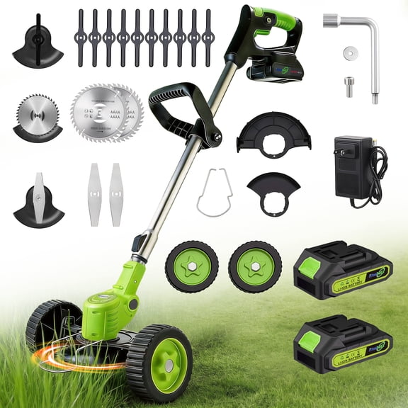 Cordless Electric Weed Wacker with Wheels, 3-In-1 Grass Trimmer & Brush Cutter & Lawn Edger, 3 Types Blade, 2X2000mAh Batteries, Lightweight String Trimmer for Garden and Yard Lawn, Gifts for Seniors