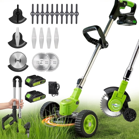 Cordless Electric Weed Wacker with Wheels, 3-In-1 Grass Trimmer & Brush Cutter & Lawn Edger, 3 Types Blade, 2X2000mAh Batteries, Lightweight String Trimmer for Garden and Yard Lawn, Gifts for Seniors