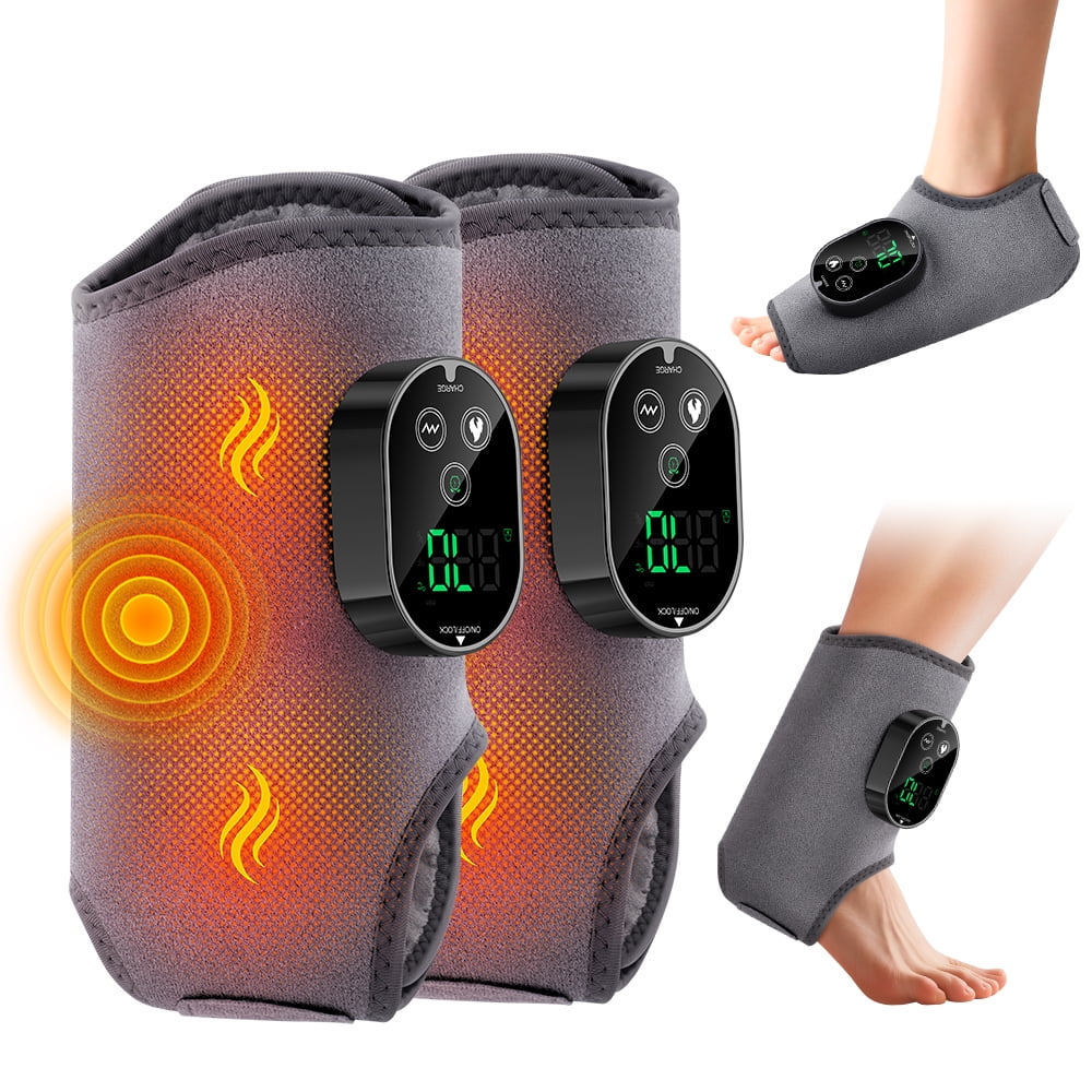 Cordless Foot Ankle Massager, Ankle Heating Pad, Ankles Heated Wrap, Foot Heating Pad with 6 Heat Levels, 3 Timing & Vibration, 3000mAh Battery, Adjustable Strap for Left/Right Feet, Gray 2pcs